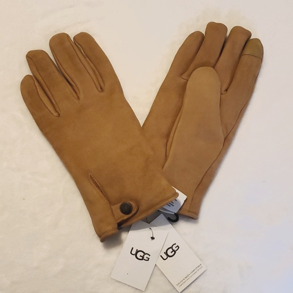 UGG Men’s Tabbed Splice Vent Suede Leather Gloves -Chestnut Large (L) - Picture 2 of 6
